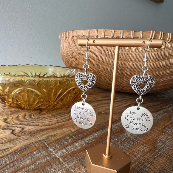 “I Love You to the Moon & Back” Heart Dangle Earrings - Picture 2 of 3